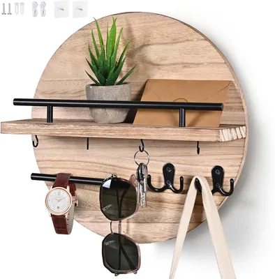 Productafbeelding van Rond Sleutelbord - Sleutelrek Hout - Thuis Organiseren - Met Plank - 30 x 30 cm - Houtkleur