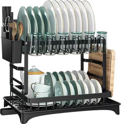 Produktbild von Abtropfgestell für Küchenspüle, 2 Ebenen, mit Tropfschale, Besteckhalter, Tellerständer