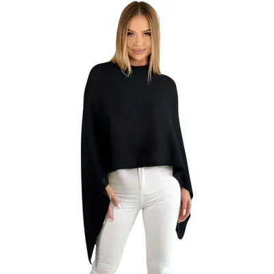 Produktbild von 221 Mississhop Damen Poncho Cape Überwurf Strickjacke feiner weicher Strick Pullover Herbst Winter One Size Schwarz