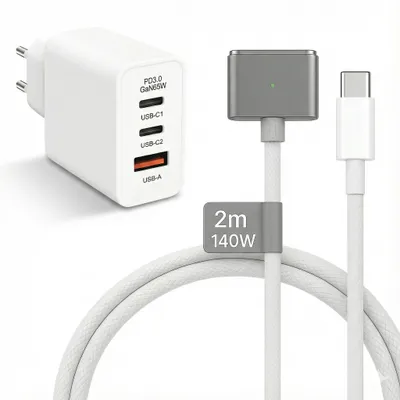 Produktbild von 65W USB C Ladegerät 2x USB-C 1x USB-A + 140W MagSafe 3 Kabel Grau 2m für MacBook Air & Pro M1 M2 M3 M4 M5 - Netzteil Adapter