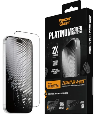 Produktbild von PanzerGlass ® Platinum Displayschutz iPhone 18 Pro | 17 Pro | Ultra-Wide Fit m. FASTFIT IN-A-BOX, Apple - iPhone 18 Pro, Apple - iPhone 17 Pro, Trockene Anwendung, Kratzresistent, Schockresistent, Transparent, 1 Stück(e)