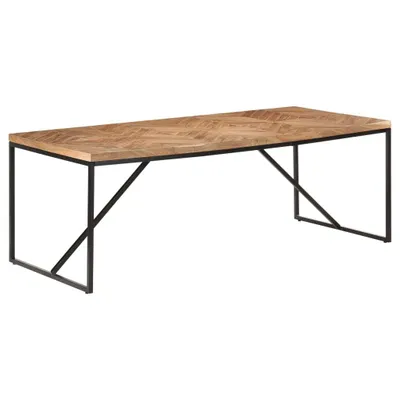 A rectangular wooden table with black metal legs, shown against a white background.