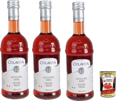 Produktbild von Colavita Rotweinessig 3x 500 ml, Aus Italien importiert, Premium rotes Essig zum Kochen, Salatdressings und marinieren frisches oder gegrilltes Gemüse + Italian Gourmet polpa 400g