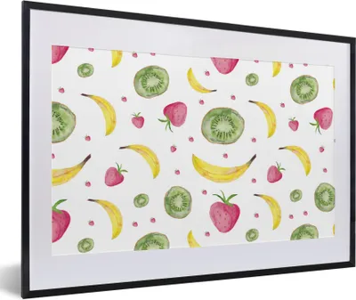 Produktbild von MuchoWow® Gerahmtes Poster Obst - Aquarell - Weiß - Muster 60x40 cm - Poster mit Schwarzem Bilderrahmen Wandposter Rahmen Foto Bilder - Schlafzimmer - Plakat in Rahmen - Drucken