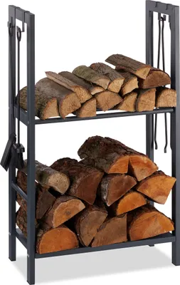 Obrázek produktu pro Relaxdays Stojan na dřevo se 2 policemi, z oceli, 4 háčky na krbové náčiní, stojan na dřevo HBT 100x60x30 cm, antracit