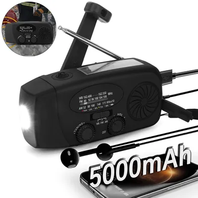 Produktbild von Kurbelradio Notfallradio 5000mAh Solar, AM/FM/NOAA, LED Taschenlampe 3 Lichter, SOS Alarm, USB-C, für Camping & Notfall