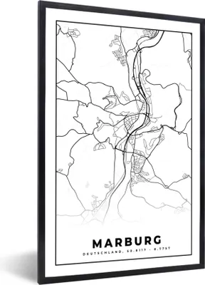 Produktbild von MuchoWow® Gerahmtes Poster Marburg - Karte - Stadtplan 20x30 cm - Poster mit Schwarzem Bilderrahmen Wandposter Rahmen Foto Bilder - Drucken - Bilder Poster im Rahmen