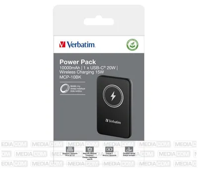 Produktbild von Verbatim Charge 'n' Go, 10000 mAh, Lithium Polymer (LiPo), Quick Charge 3.0, Kabelloses Aufladen, Schwarz