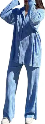 Image de ASKSA Femme 2 pièces Tenues d'été décontractées Ensemble plissé Deux pièces manches longues Taille haute Loungewear, Bleu ciel, M