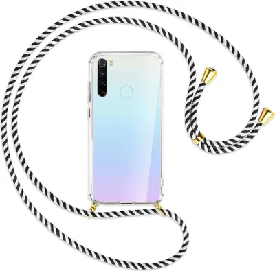 Produktbild von Handykette Backcover-Schutzhülle mit Band (Metall goldfarben) für Xiaomi Redmi Note 8 - schwarz/weiß gestreift
