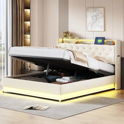 Zdjęcie produktu dla Łóżko z oświetleniem LED, 160x200 cm, z portem USB do ładowania, hydraulicznym pojemnikiem na pościel i metalowym stelażem, beżowe łóżko z zagłówkiem do sypialni