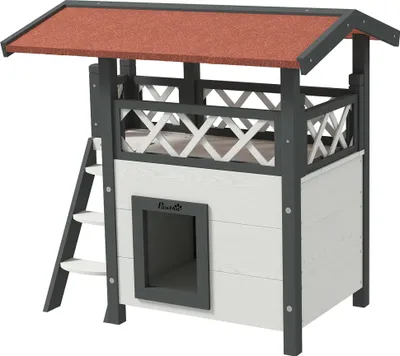 Produktbild von Katzenhaus Katzenhütte Haustierhütte, Asphaltdach, 2 Ebenen, 1 Leiter, Weiß+Rot