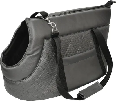 Immagine prodotto di Borsa da trasporto per cani e gatti | Borsa a tracolla per animali domestici con cinghia elastica con moschettone | fino a 10 kg | Ecopelle | M | Grigio metallizzato