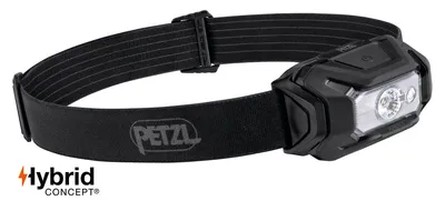 A black Petzl headlamp with an elastic strap and the "Hybrid Concept" logo.