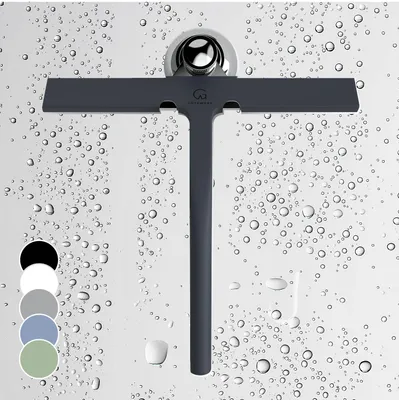 Produktbild von GÜTEWERK Duschabzieher Set mit Halter - schwarz 23 cm breit - ohne Bohren Silikon Abzieher Dusche Badezimmer Fenster Fensterabzieher Edelstahl Kern Scheibenabzieher mit Saugnapf Halterung Badabzieher