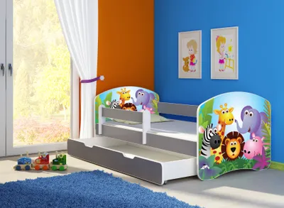 Immagine prodotto di ACMA letto per ragazzi letto junior completo di materasso a doghe e protezione anticaduta Grigio 01 Zoo 140x70 + rete