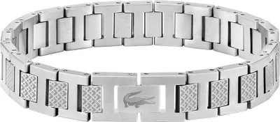 A silver metal bracelet with a clasp featuring the Lacoste crocodile logo.