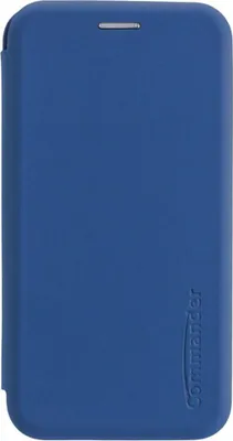 A blue flip cover for a smartphone, shown closed.