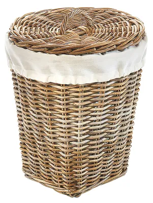 A wicker laundry basket with a fabric liner and lid, presented against a white background.