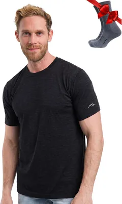 Productafbeelding van Merinowol T-shirt voor heren met korte mouwen, zwart, inclusief paar merinosokken