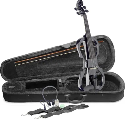 A black electric violin with its case and accessories laid out on a white background.