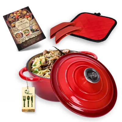 Produktbild von TP Kochtopf, Kasserole aus emailliertem Gusseisen mit Deckel inkl. Topflappen & Silikongriffen 6 Liter