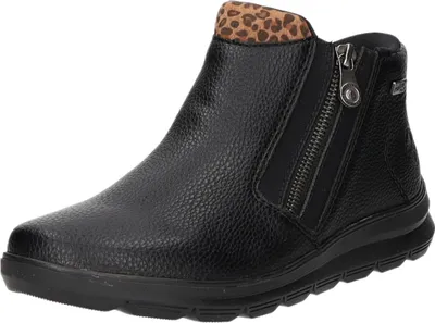 A single black ankle boot with a leopard print accent at the top and a zipper on the side, shown against a white background.