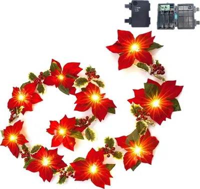Produktbild von LED Blumen Lichterkette, 2m, 10 Rote Blüten & 9 Beeren, für Garten Dekoration
