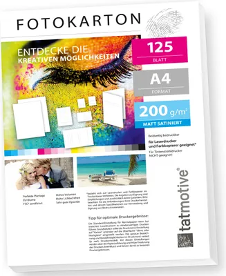 Produktbild von TATMOTIVE FA4200M125  Fotokarton Fotopapier 200g matt weiß / Laserdrucker / DIN A4 / Beidseitig bedruckbar / 125 Blatt