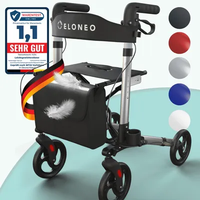 Produktbild von ELONEO Rollator faltbar und leicht mit Sitz, Leichtgewicht-Reiserollator aus Aluminium, Gehhilfe 8-fach höhenverstellbar, Laufhilfe 3-fach faltbar