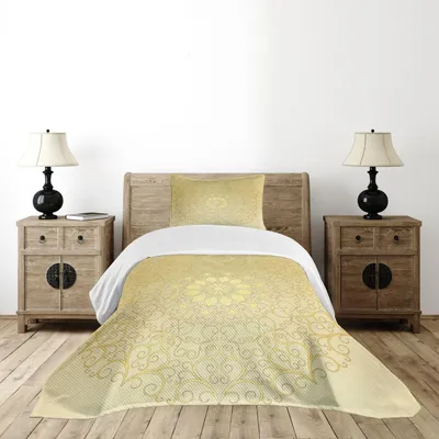Zdjęcie produktu dla Zestaw narzut na łóżko ABAKUHAUS Mandala, arabeskowe motywy, okrągłe romantyczne wzory, 170 x 220 cm, żółty bladożółty