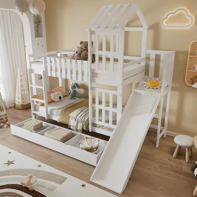 A white bunk bed with a slide and storage drawers in a child's bedroom.