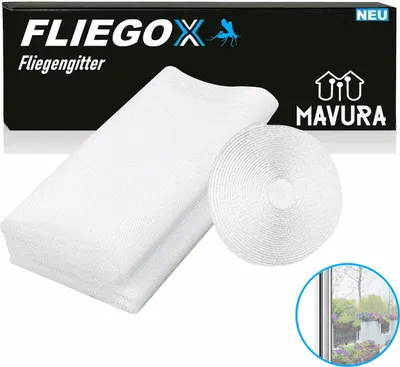 A product shot of a white mesh window screen and a roll of Velcro tape, with packaging in the background.