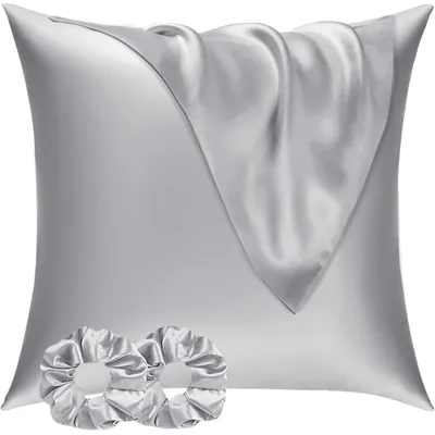 Produktbild von Kissenbezug Satin 80x80 Grau 2er Set mit Haargummis