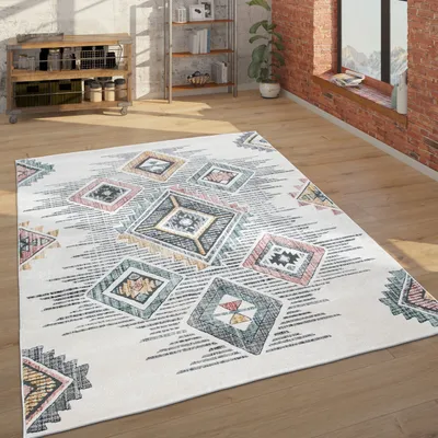 Produktbild von Teppich Wohnzimmer Geometrisches Ethno Muster Kurzflor Mehrfarbig Beige Grau Rot Grösse 200x290 cm