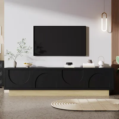 Produktbild von Merax TV-Schrank mit Holzoptik, Modernes TV Lowboard mit Push-Open Türen, viel Stauraum, geschwungenem Design, TV Möbel Wohnzimme, Schwarz