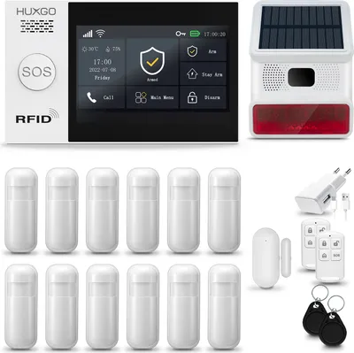 Immagine prodotto di HUXGO HXA007 Sistema di allarme casa WiFi + GSM 4G LTE con sirena wireless, sistema di allarme con 12x sensore di movimento e 1x sensore porta-finestra, sistema di allarme per appartamento, casa, garage, Tuya Smartlife App