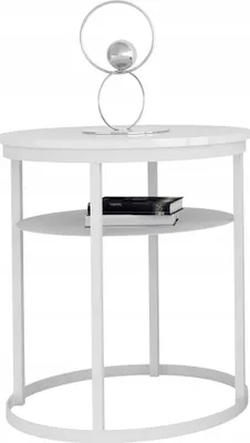 Zdjęcie produktu dla Okrągły Stolik Kawowy z Półką Do Salonu Loft 55 cm Metal Biały+Biały Połysk