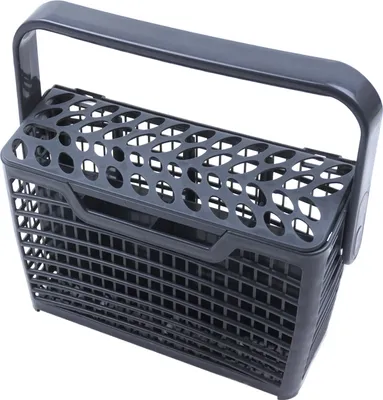A close-up, angled view of a black dishwasher cutlery basket.