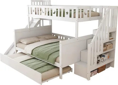 Produktbild von Merax Etagenbett 90x200cm/140x200cm mit Rutsche und Treppe, Hochbett mit Ausziehbett und Regale, Kinderbett mit Rausfallschutz und Lattenrost, Weiß