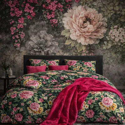 Produktbild von Bettwäsche 135x200 cm 4-teilig 100% Baumwolle Dunkelgrün Bettbezug Florales Blumenmuster in Rosa, Gelb & Grün Garden V1