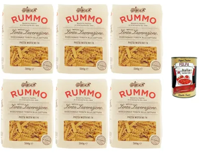 Produktbild von Rummo Pasta Mista No.74 6x500g | Hartweizengrieß, al bronzo – langsam getrocknet, vielseitige Kurzpasta, extra bissfest – Premium Vorratspack + Italian Gourmet polpa