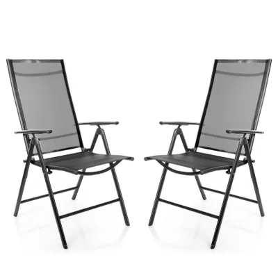 Two dark gray folding garden chairs are shown against a white background.