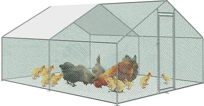 Image de 3x8x2m Poulailler Enclos pour animaux Enclos pour animaux avec toit d'ombrage en PE, cadre en acier galvanisé, clôture extérieure  pour les poules, les poulaillers, les petits animaux