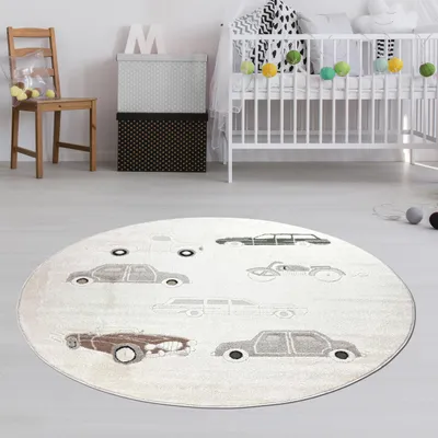 Immagine prodotto di Tappeto per la camera dei bambini con effetto alto-basso e motivo di auto in beige crema Dimensioni - 200 cm Rotondo