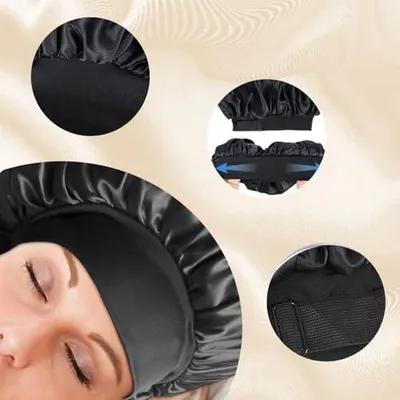 Produktbild von 1 Stück Seidenschlafhaube aus Satin mit Gummizug, verstellbare Nachtmütze für Damen und Mädchen, schwarze Haarhaube
