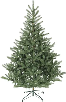 A green artificial Christmas tree on a white background.