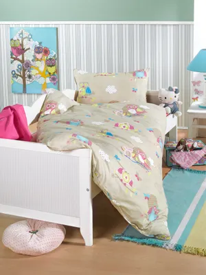 Produktbild von 2 tlg. Kinder-Bettwäscheset Eule | 100% Baumwolle | Renforcé Bettwäsche | Kopfkissen 40x60 Bettdecke 100x135cm