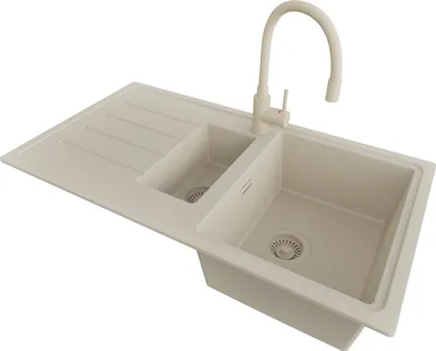 Produktbild von PRIMAGRAN Granitspüle Beige 90x50cm, Spülbecken 1,5 Becken + Küchenarmatur 38x14cm + Ablauf-Set, Küchenspüle ab 60er Unterschrank - Kopenhagen Duo