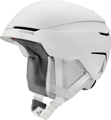 A white ski helmet shown from a three-quarter angle against a white background.
